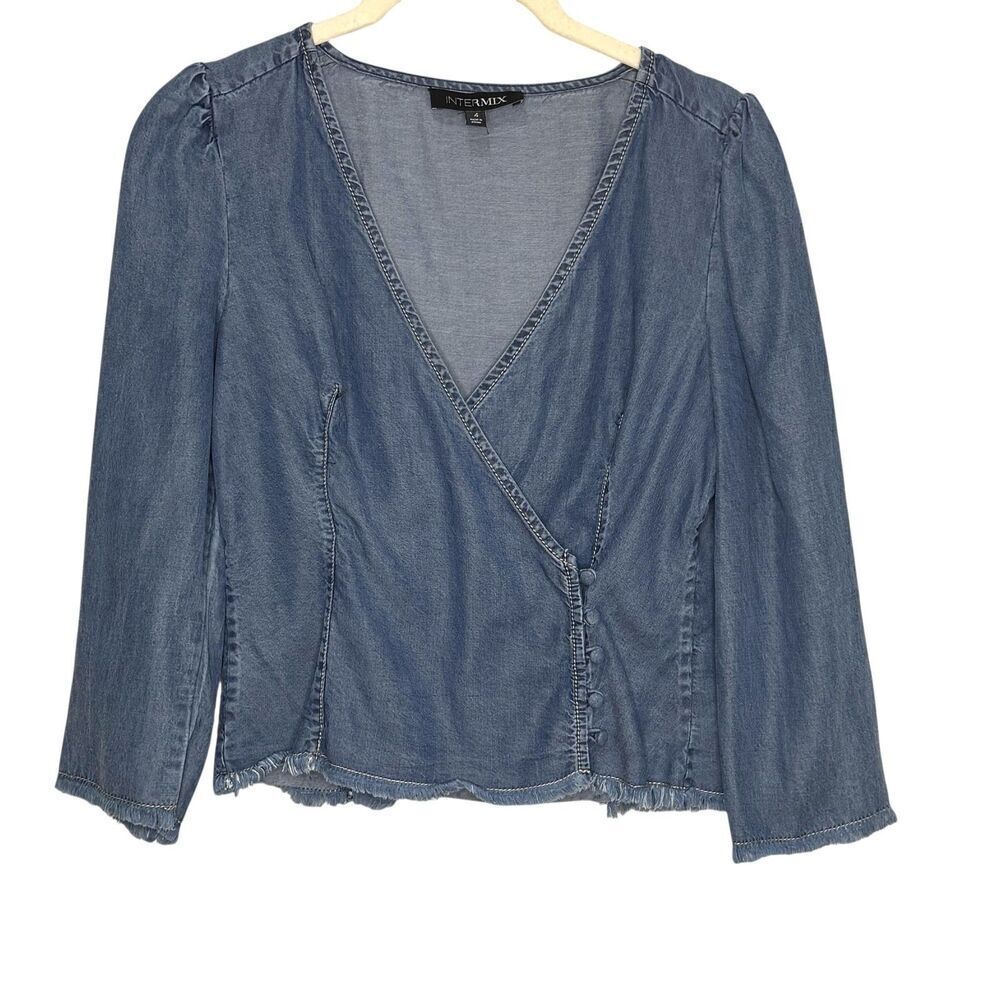 Intermix Wrap Top Womens 4 Long Sleeve Chambray Frayed Hem Lyocell Blouse Denim